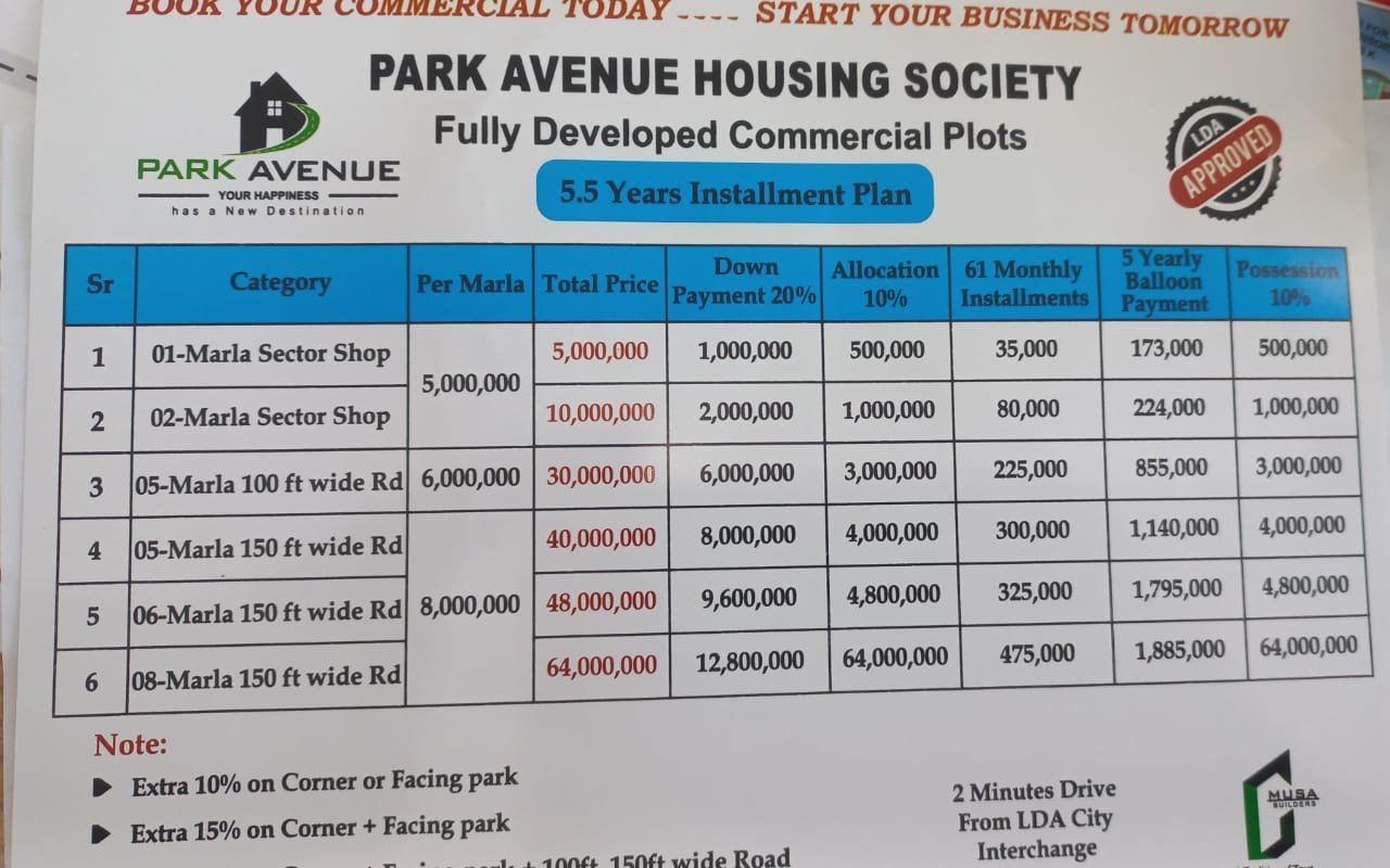 Commercial Plot On Installments In Park Avenue Housing Lahore