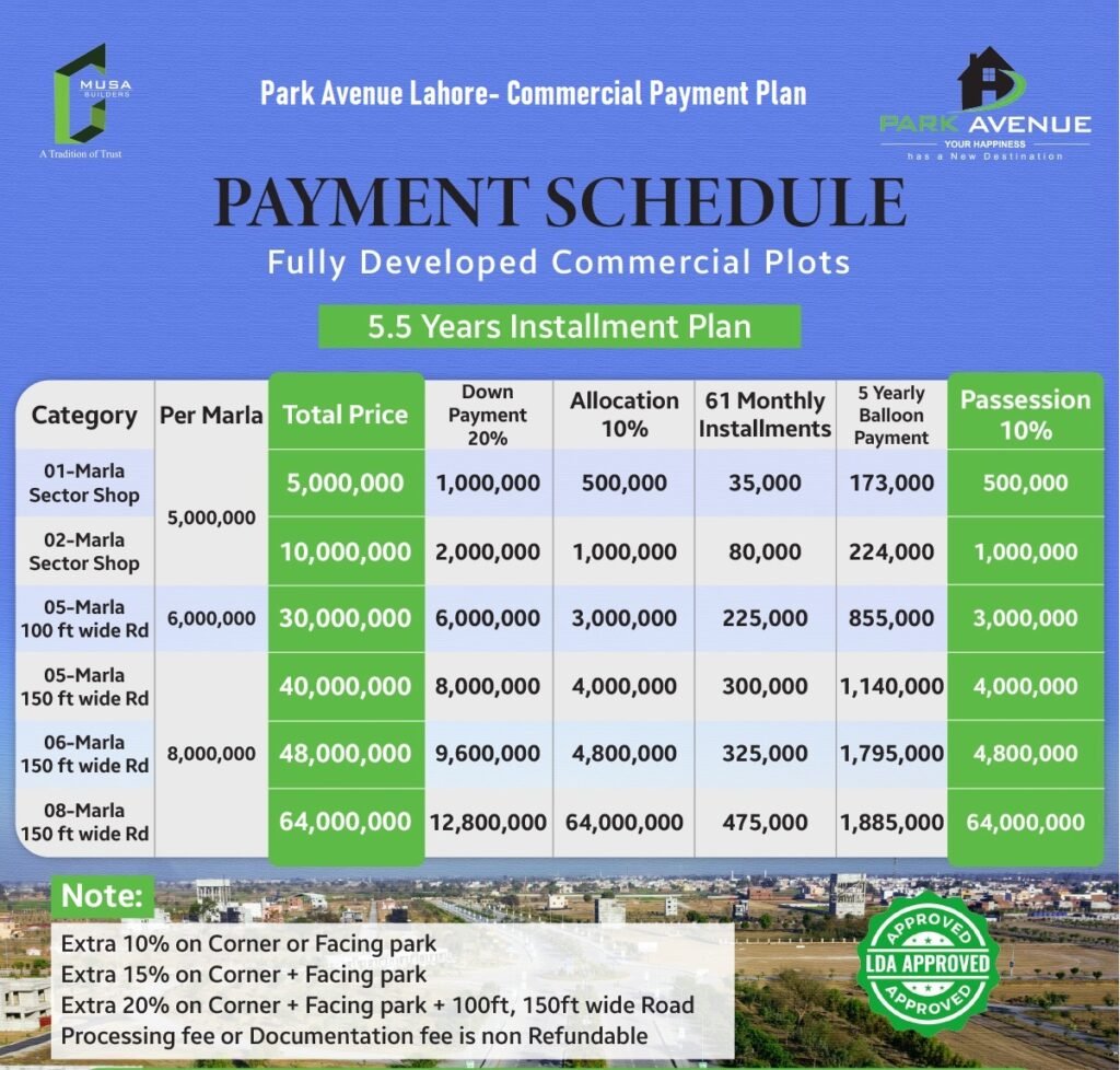 Park Avenue Housing Scheme Lahore PAHS Commercial Payment Plan